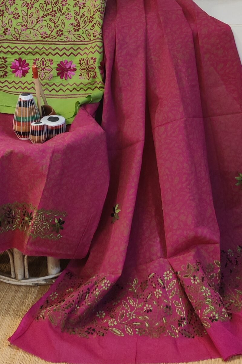 Suit stories - Leaf Green & Pink Floral Embroidered Cotton Suit Set - Image 3