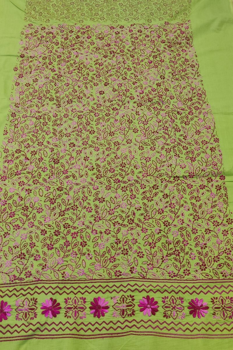Suit stories - Leaf Green & Pink Floral Embroidered Cotton Suit Set - Image 5