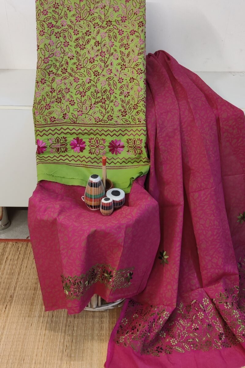 Suit stories - Leaf Green & Pink Floral Embroidered Cotton Suit Set