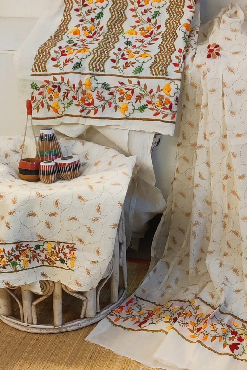 Suit stories - Off-White & Brown Zigzag Kantha Embroidered Cotton Suit Set - Image 4