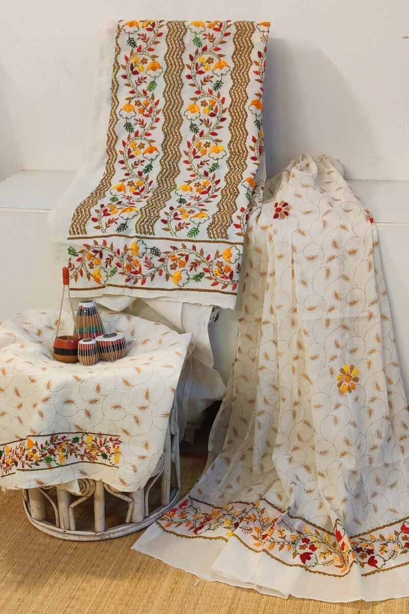 Suit stories - Off-White & Brown Zigzag Kantha Embroidered Cotton Suit Set - Image 5