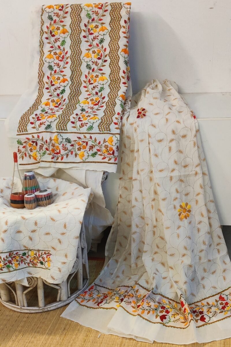 Suit stories - Off-White & Brown Zigzag Kantha Embroidered Cotton Suit Set
