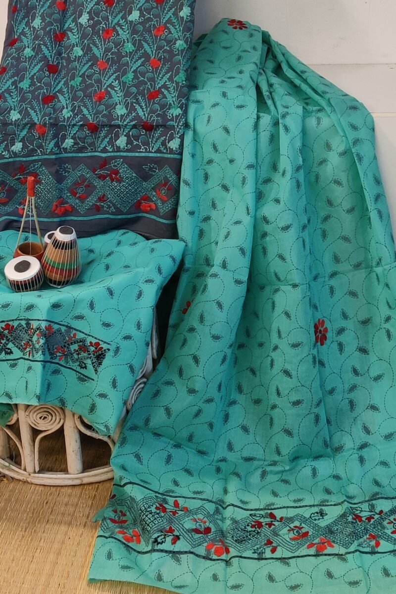 Suit stories - Grey & Emerald Green Folk-Embroidered Cotton Suit Set - Image 3