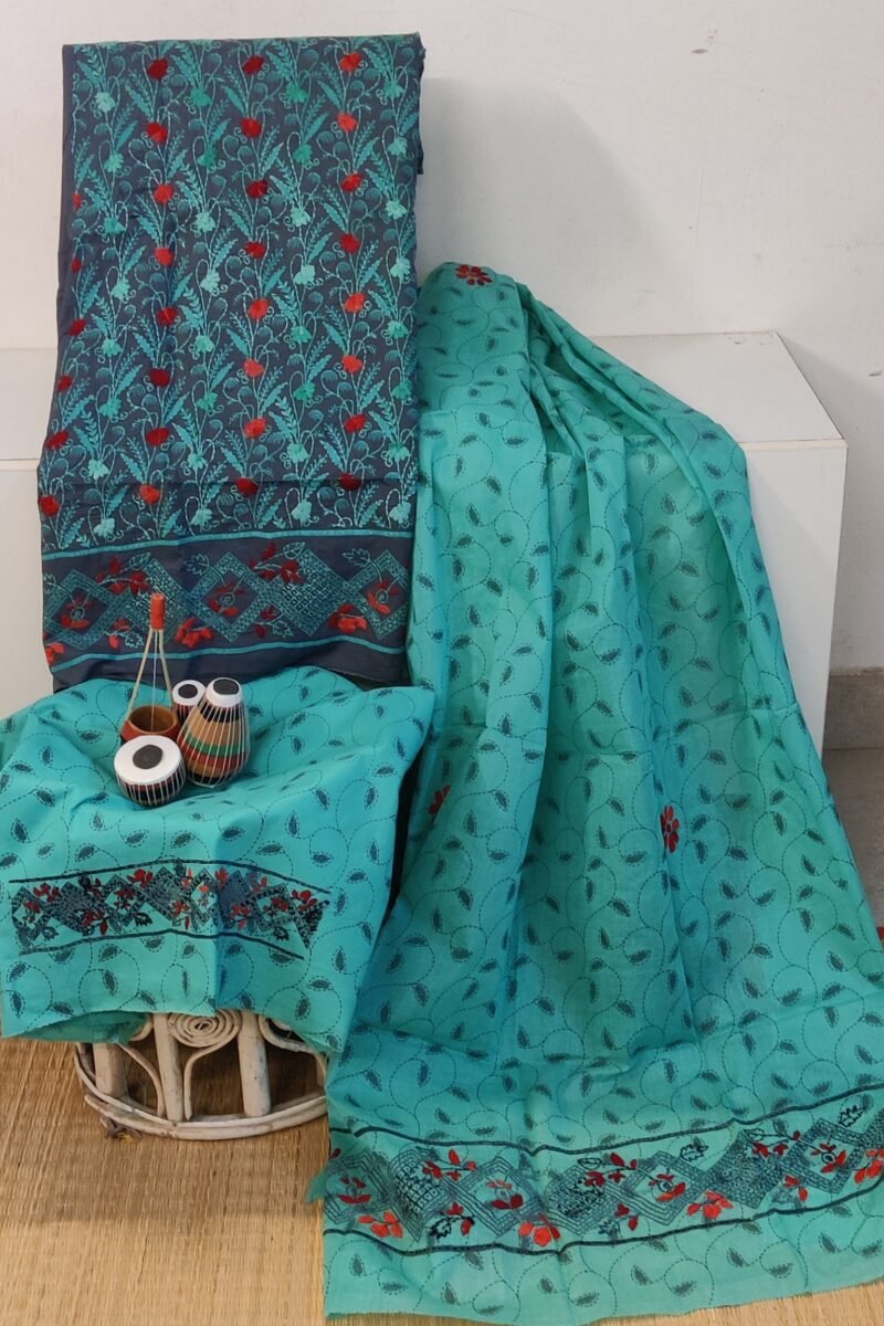 Suit stories - Grey & Emerald Green Folk-Embroidered Cotton Suit Set