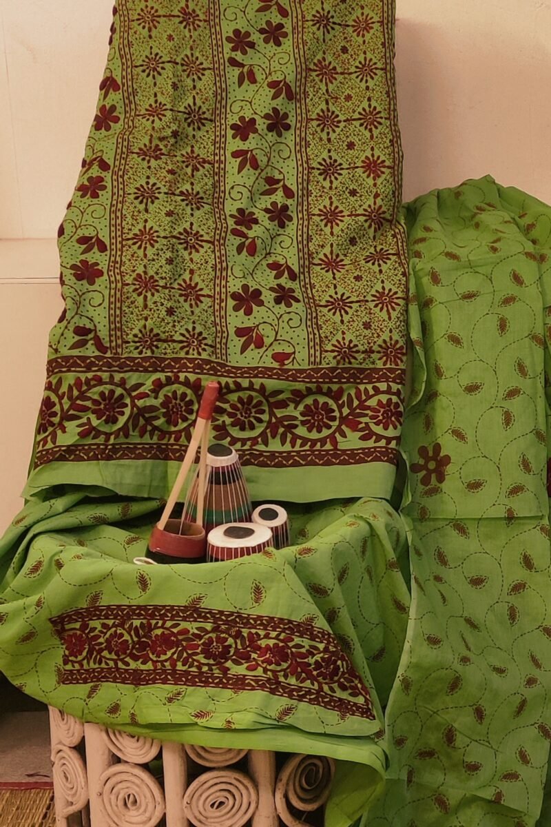 Suit stories - Leaf Green & Maroon Botanical Embroidered Cotton Suit Set - Image 2