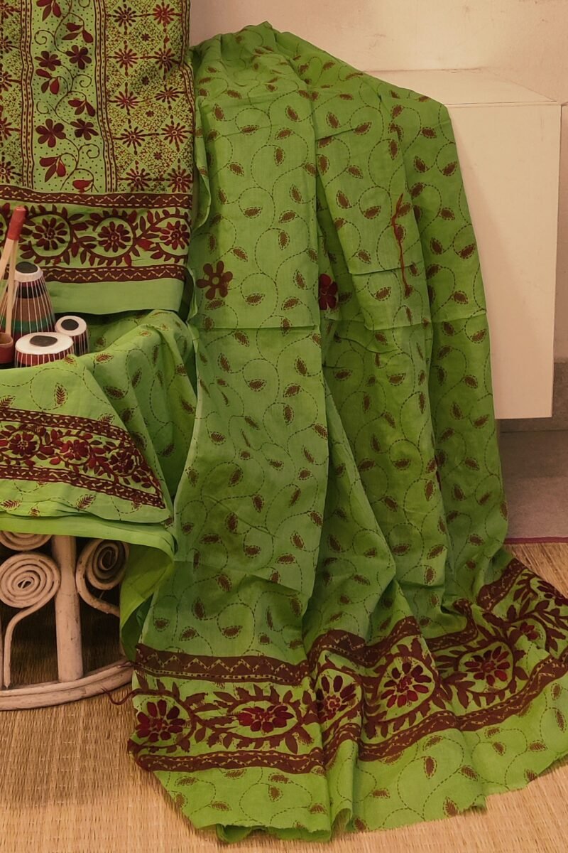 Suit stories - Leaf Green & Maroon Botanical Embroidered Cotton Suit Set - Image 3