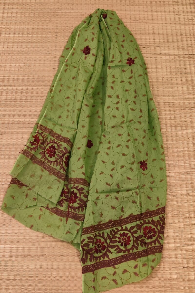 Suit stories - Leaf Green & Maroon Botanical Embroidered Cotton Suit Set - Image 8