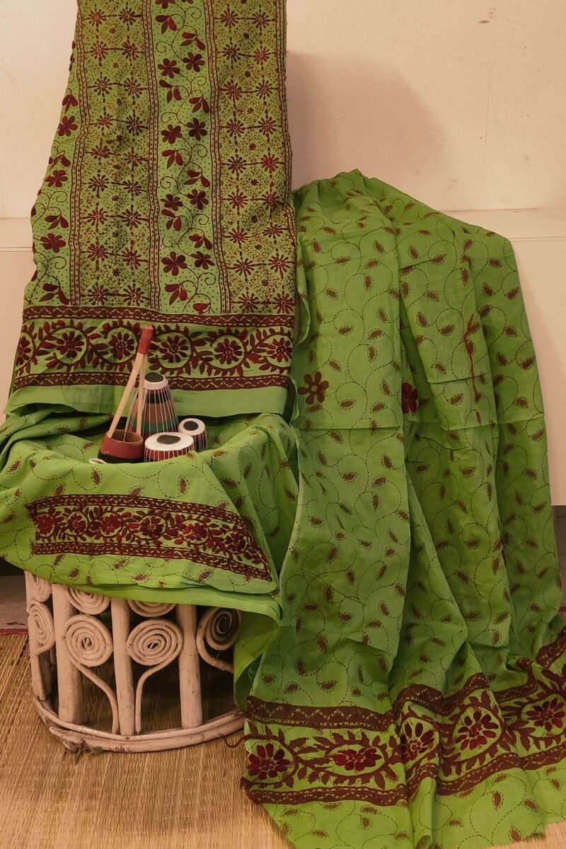 Suit stories - Leaf Green & Maroon Botanical Embroidered Cotton Suit Set