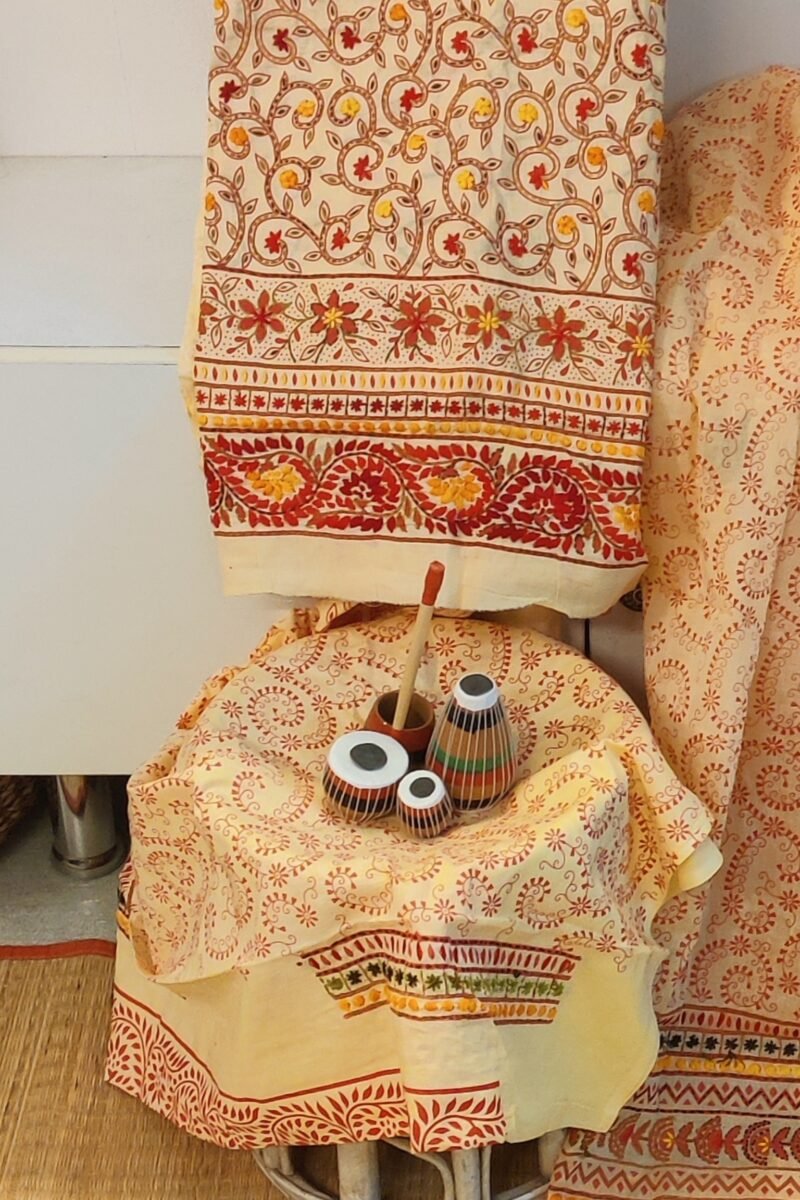 Suit stories - Yellowish Cream & Orange Kantha-Stitched Cotton Suit Set - Image 2