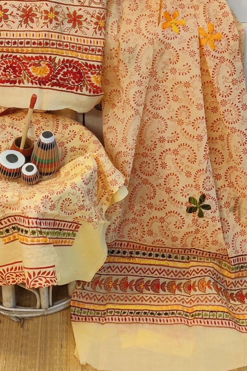 Suit stories - Yellowish Cream & Orange Kantha-Stitched Cotton Suit Set - Image 3