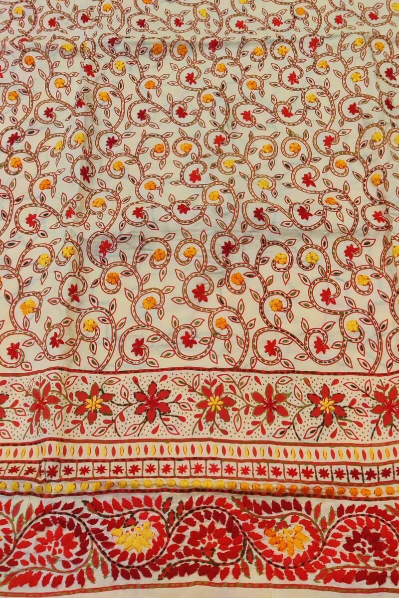 Suit stories - Yellowish Cream & Orange Kantha-Stitched Cotton Suit Set - Image 4