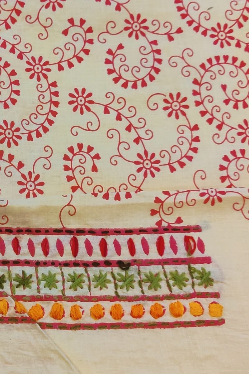 Suit stories - Yellowish Cream & Orange Kantha-Stitched Cotton Suit Set - Image 5