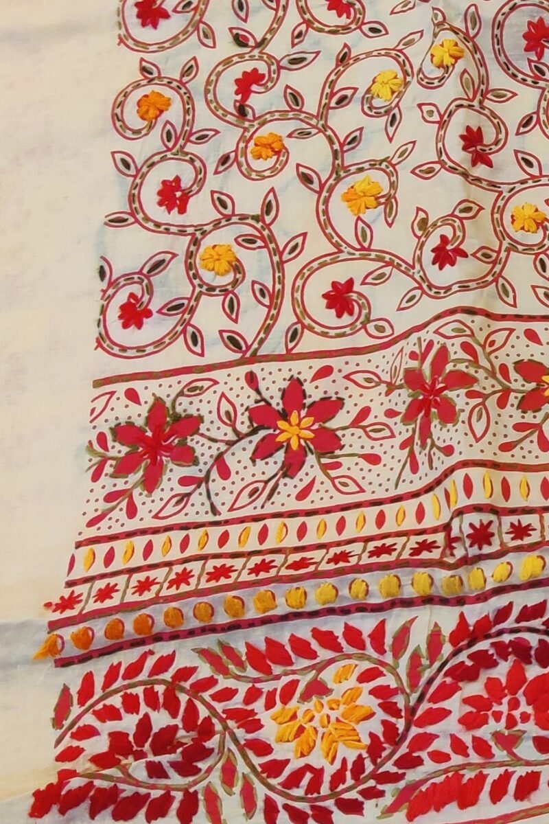 Suit stories - Yellowish Cream & Orange Kantha-Stitched Cotton Suit Set - Image 6