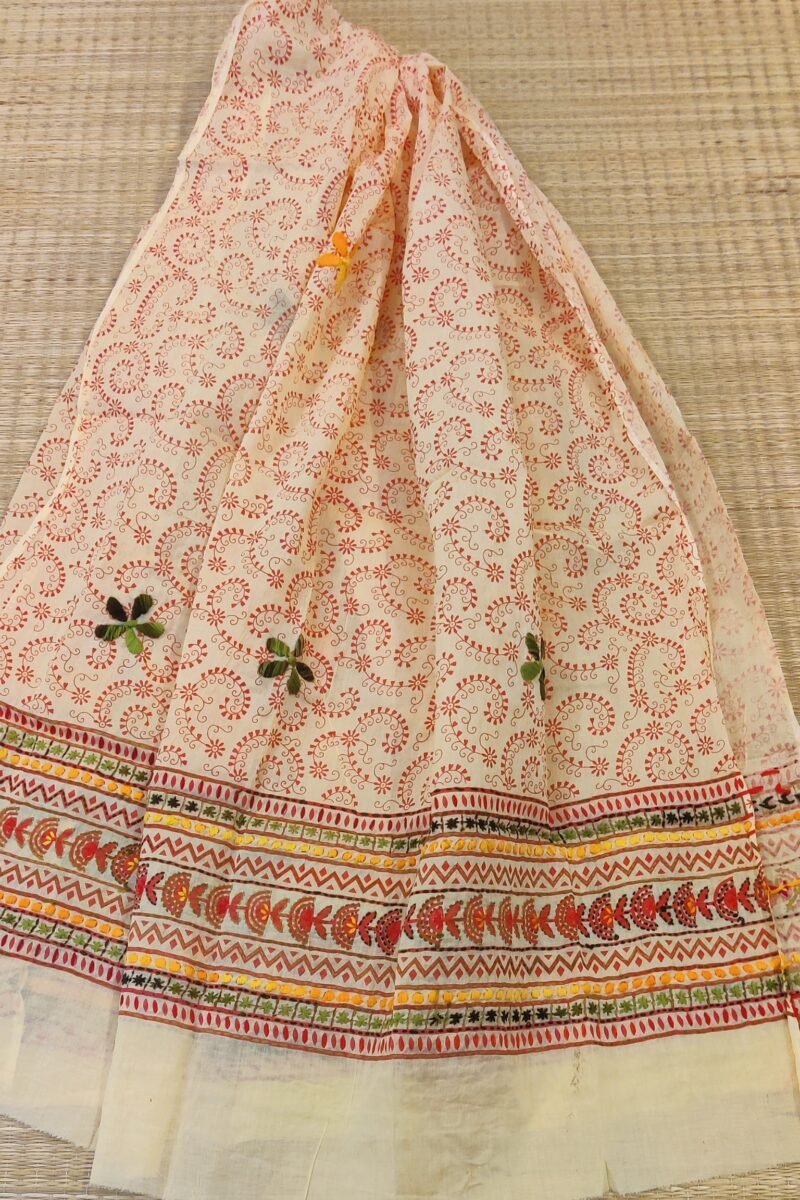 Suit stories - Yellowish Cream & Orange Kantha-Stitched Cotton Suit Set - Image 8