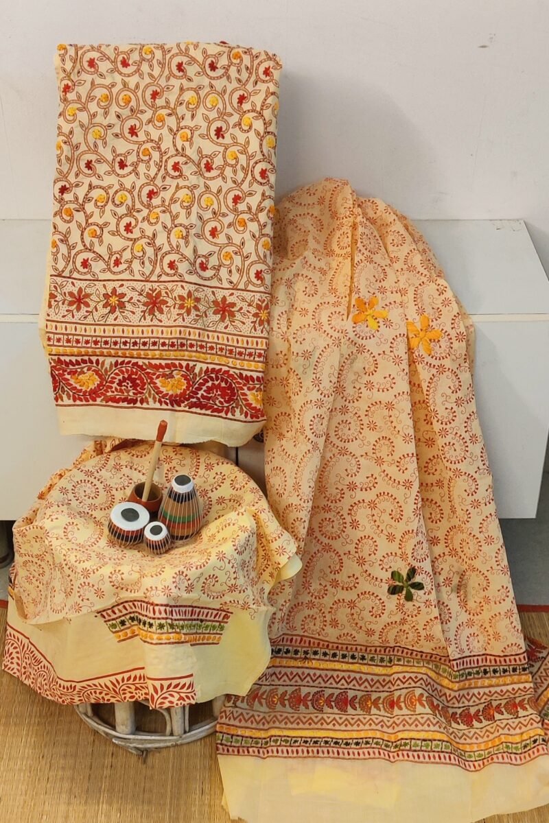Suit stories - Yellowish Cream & Orange Kantha-Stitched Cotton Suit Set