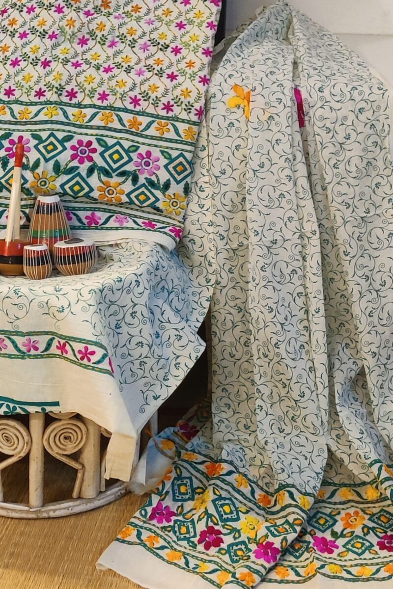 Suit stories - White & Sea Green Meandering Floral Cotton Suit Set - Image 3