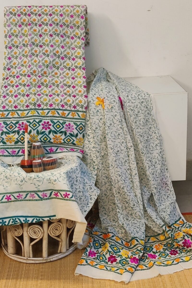 Suit stories - White & Sea Green Meandering Floral Cotton Suit Set