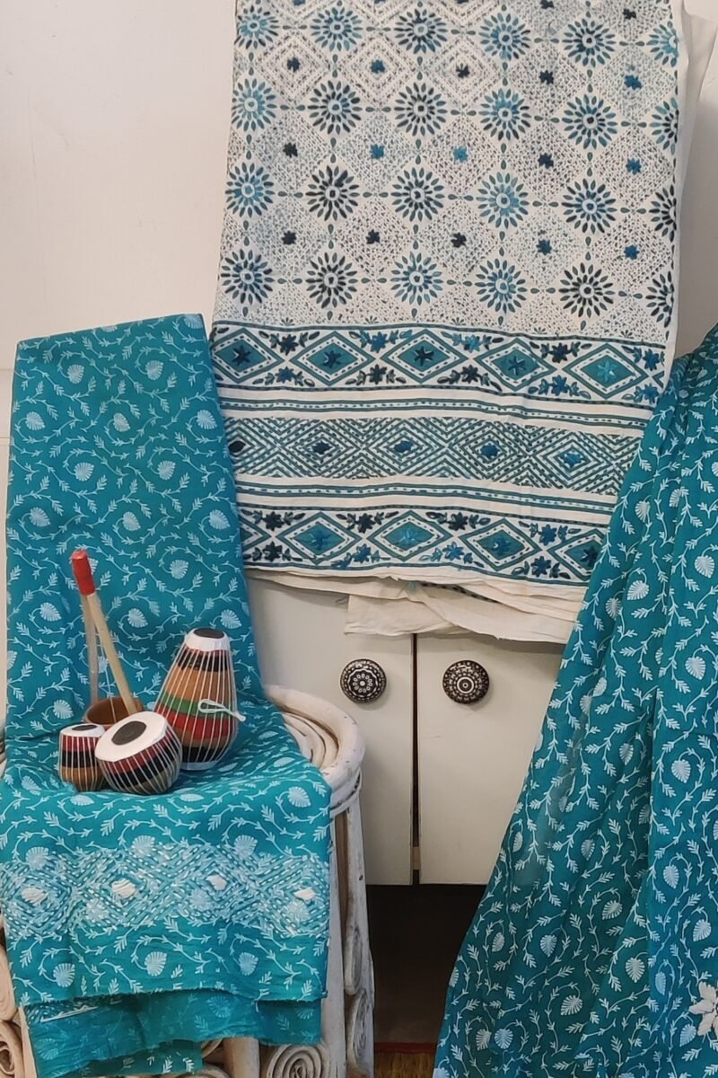 Suit stories - Teal Blue & White Diamond Leaf Embroidered Cotton Suit Set - Image 2