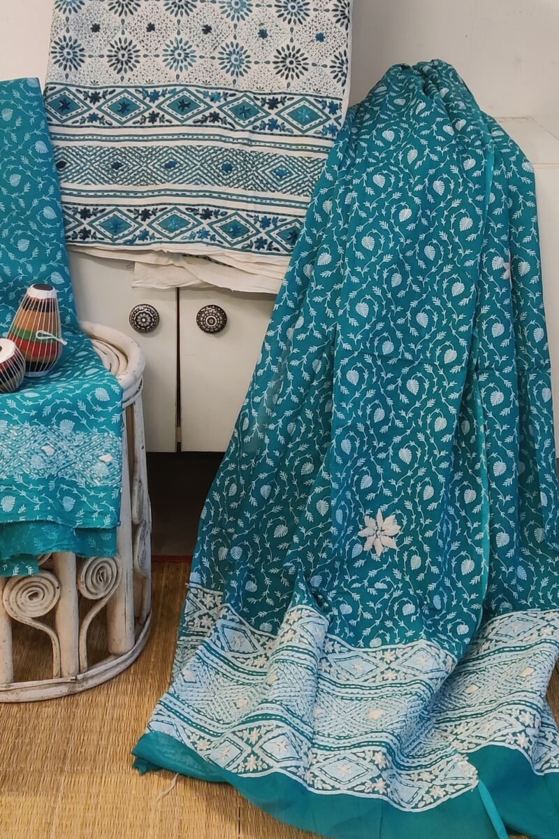 Suit stories - Teal Blue & White Diamond Leaf Embroidered Cotton Suit Set - Image 3