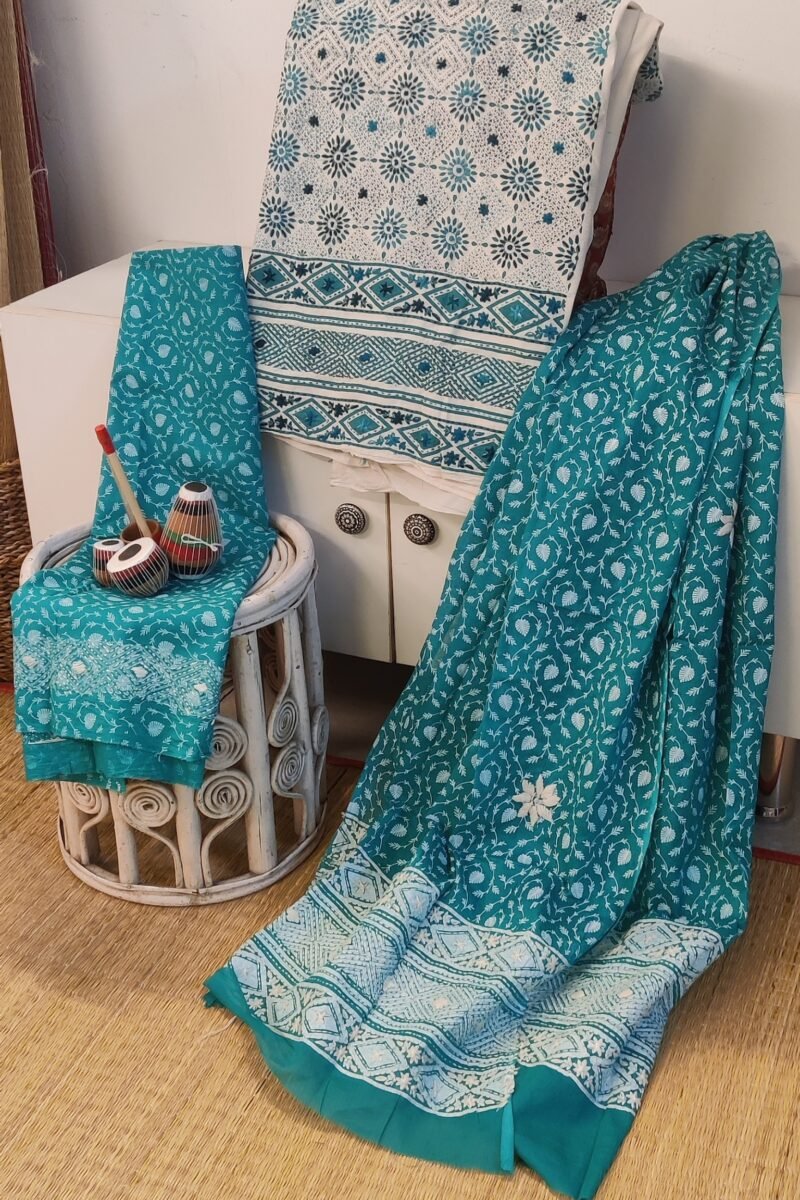 Suit stories - Teal Blue & White Diamond Leaf Embroidered Cotton Suit Set - Image 4