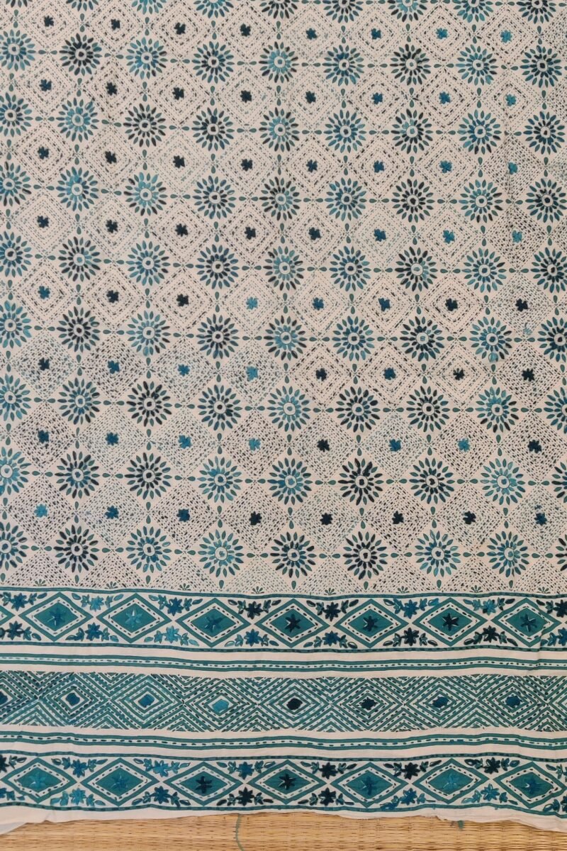 Suit stories - Teal Blue & White Diamond Leaf Embroidered Cotton Suit Set - Image 7