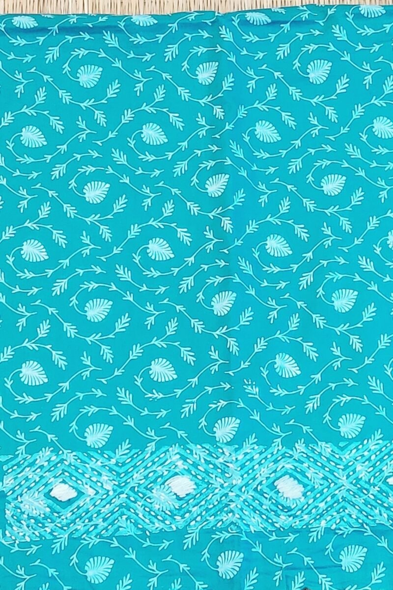 Suit stories - Teal Blue & White Diamond Leaf Embroidered Cotton Suit Set - Image 8