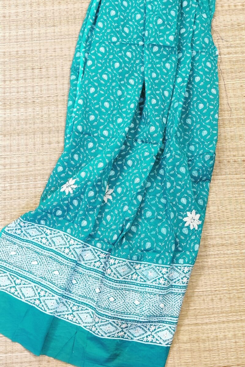 Suit stories - Teal Blue & White Diamond Leaf Embroidered Cotton Suit Set - Image 9