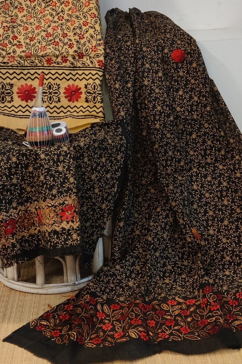 Suit stories - Cream & Black Stem-Stitch Embroidered Cotton Suit Set - Image 3