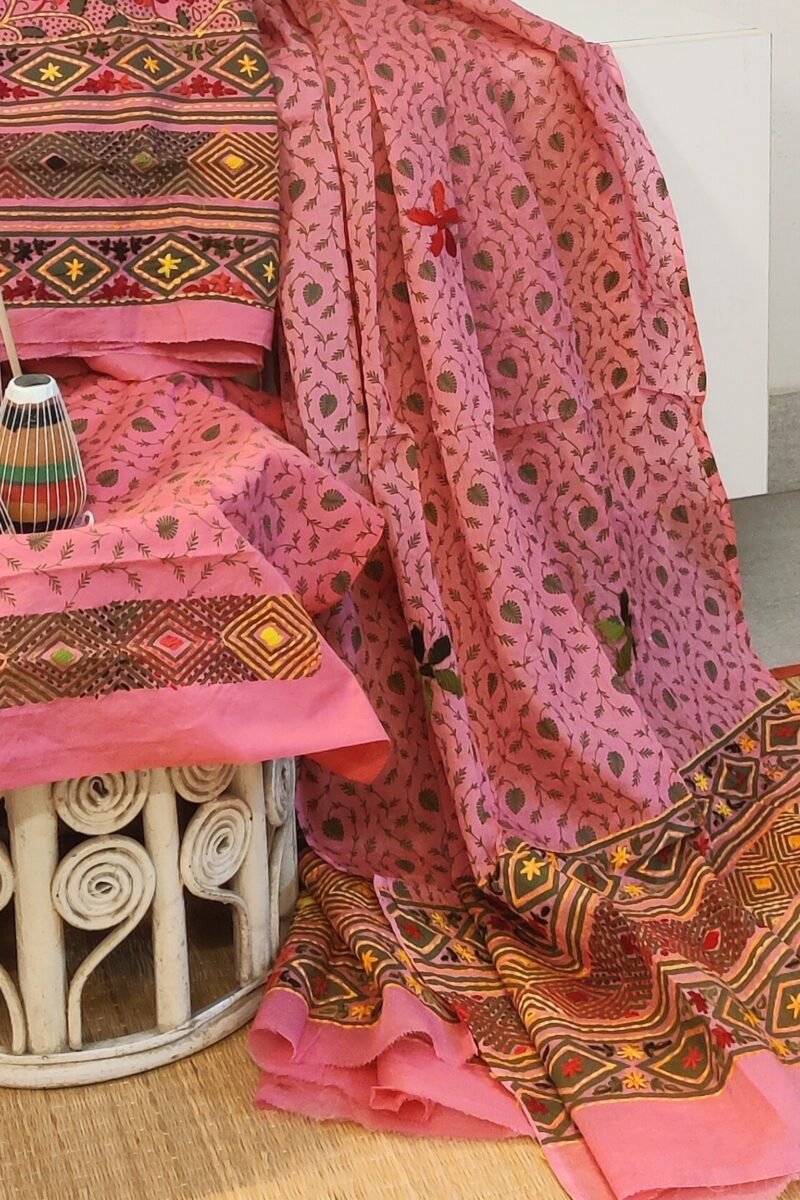 Suit stories - Pink & Green Folk-Floral Embroidered Cotton Suit Set - Image 3