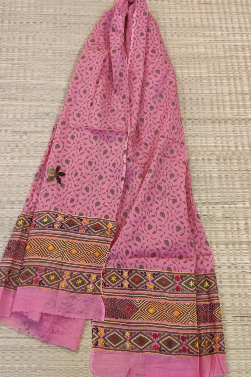 Suit stories - Pink & Green Folk-Floral Embroidered Cotton Suit Set - Image 8