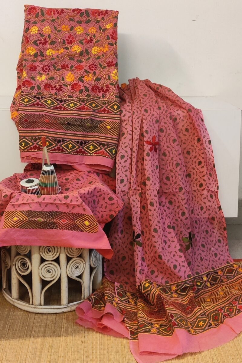 Suit stories - Pink & Green Folk-Floral Embroidered Cotton Suit Set