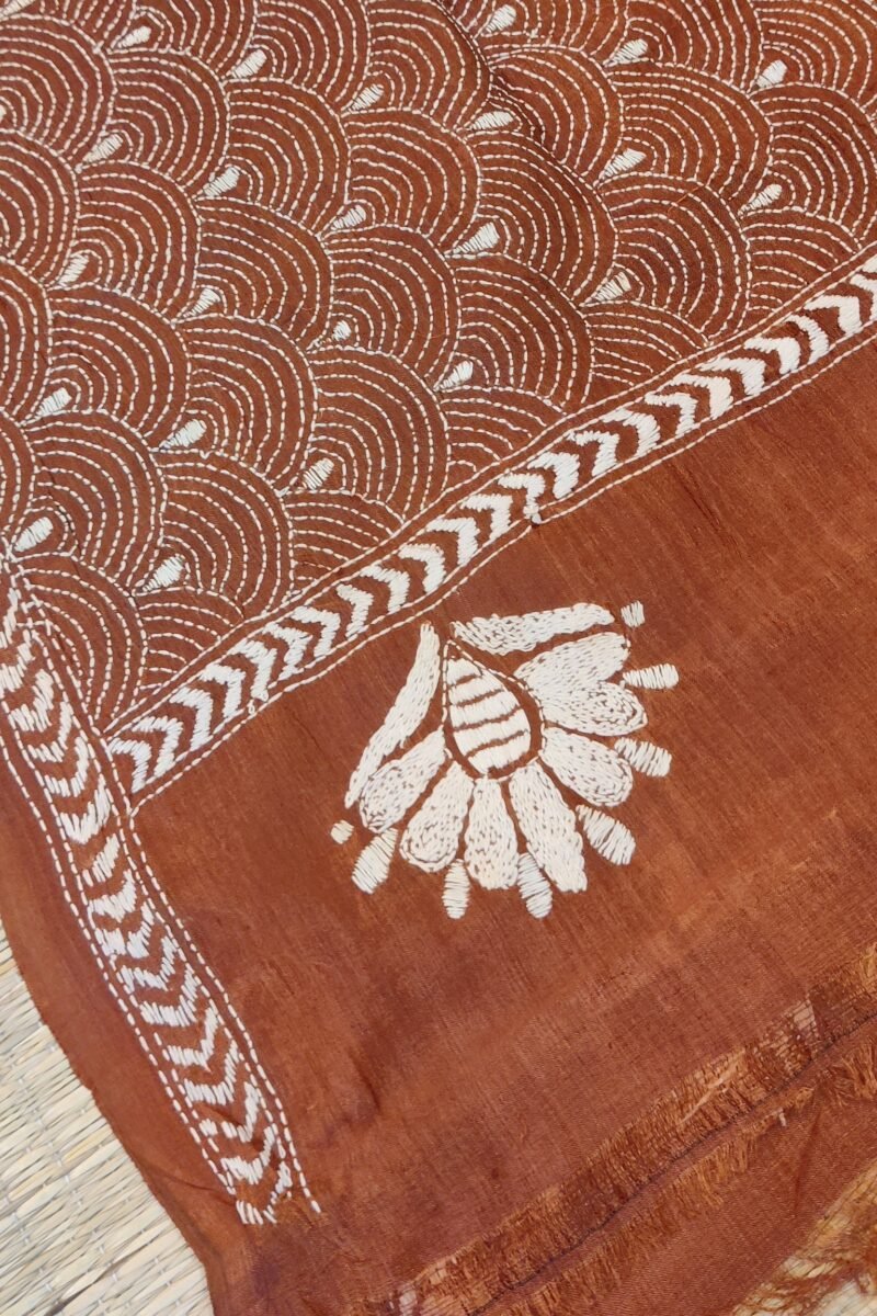 Dreamy Drapes - Brown & Cream Tussar Rainbow Kantha Stole - Image 4
