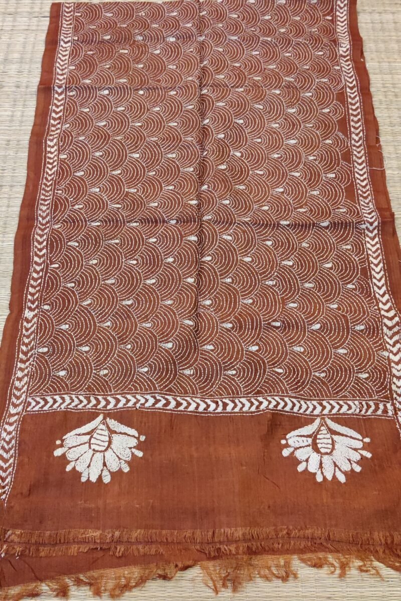 Dreamy Drapes - Brown & Cream Tussar Rainbow Kantha Stole - Image 5
