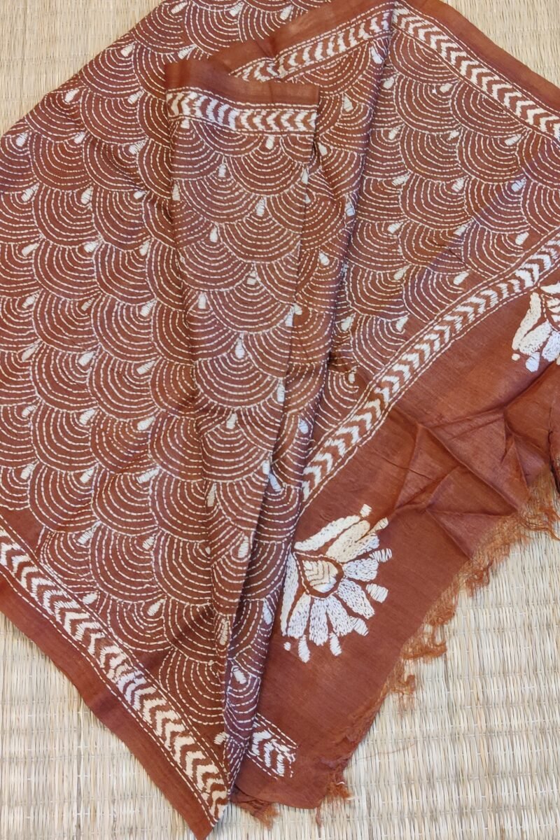 Dreamy Drapes - Brown & Cream Tussar Rainbow Kantha Stole - Image 6