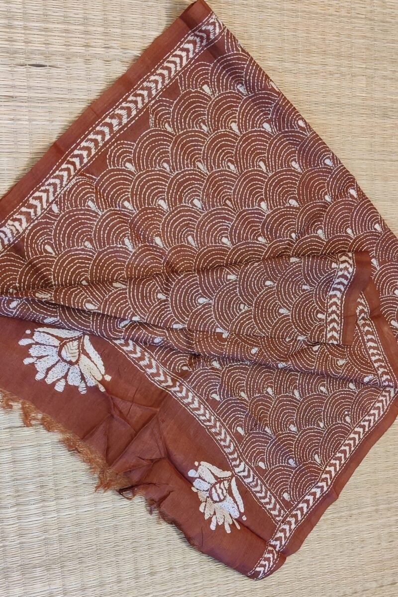 Dreamy Drapes - Brown & Cream Tussar Rainbow Kantha Stole - Image 7