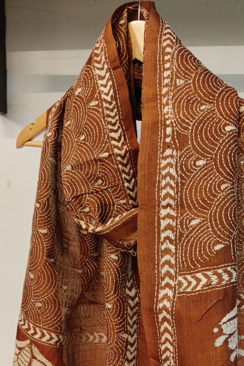 Dreamy Drapes - Brown & Cream Tussar Rainbow Kantha Stole