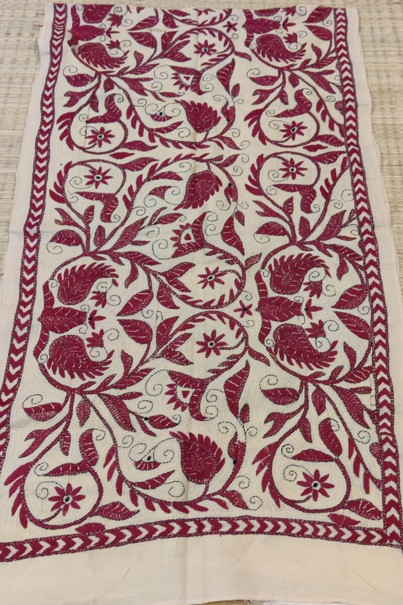 Dreamy Drapes - Cream & Maroon Tussar Floral Vine Kantha Stole - Image 5