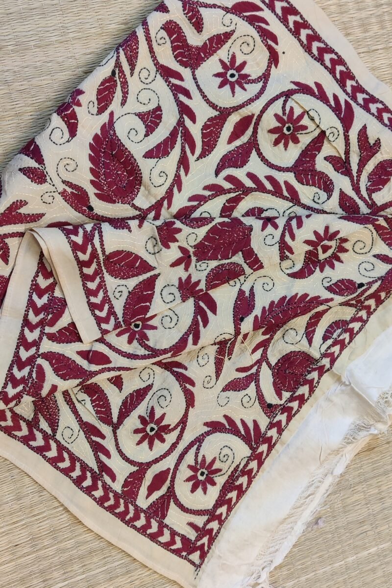 Dreamy Drapes - Cream & Maroon Tussar Floral Vine Kantha Stole - Image 6