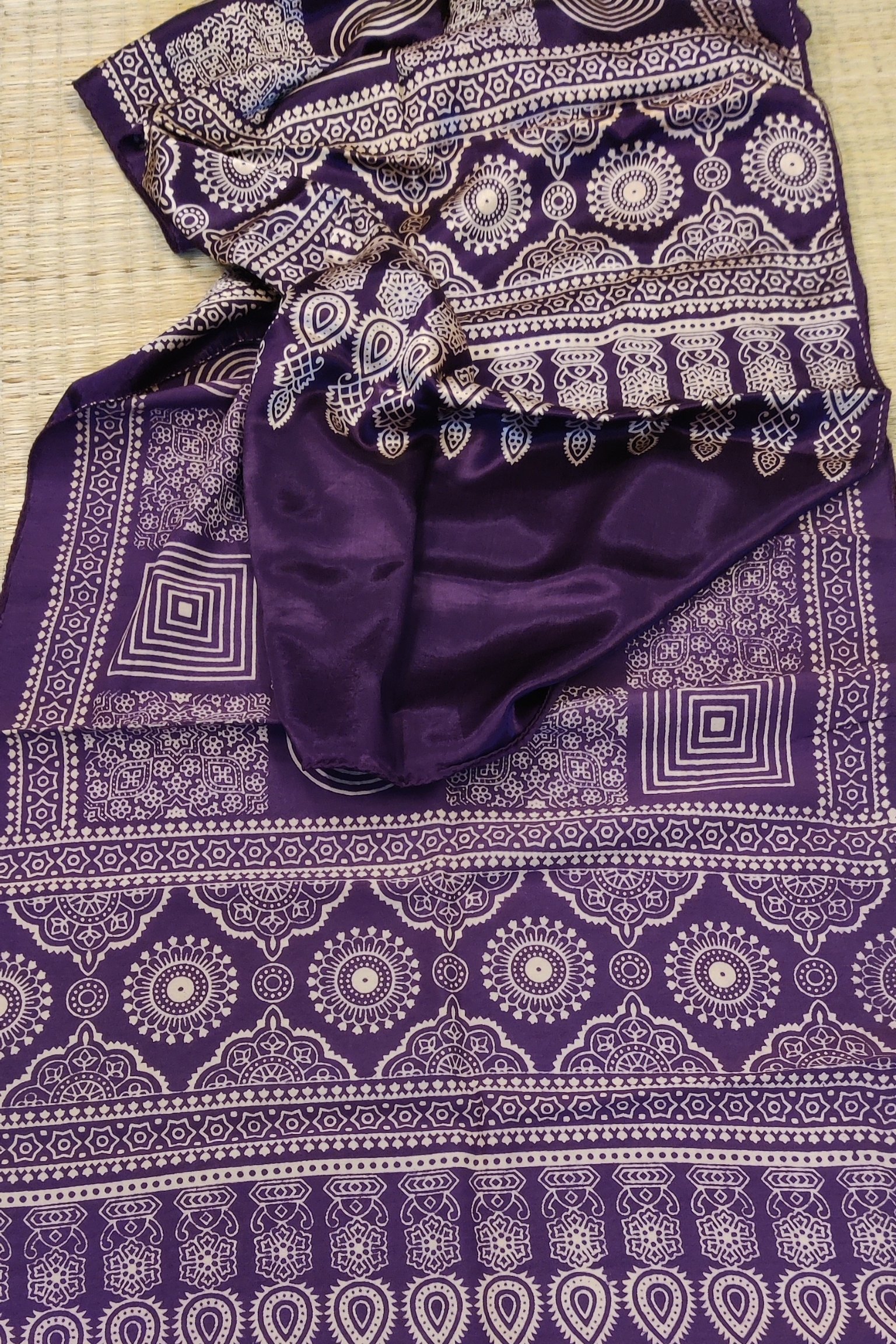 Dreamy Drapes - Dark Purple Modal Silk Geometric Ajrakh Stole with Cream Square Panels - Image 2