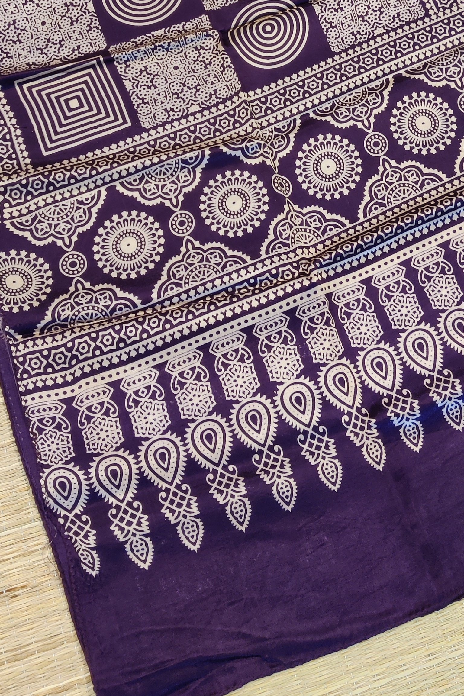 Dreamy Drapes - Dark Purple Modal Silk Geometric Ajrakh Stole with Cream Square Panels - Image 4