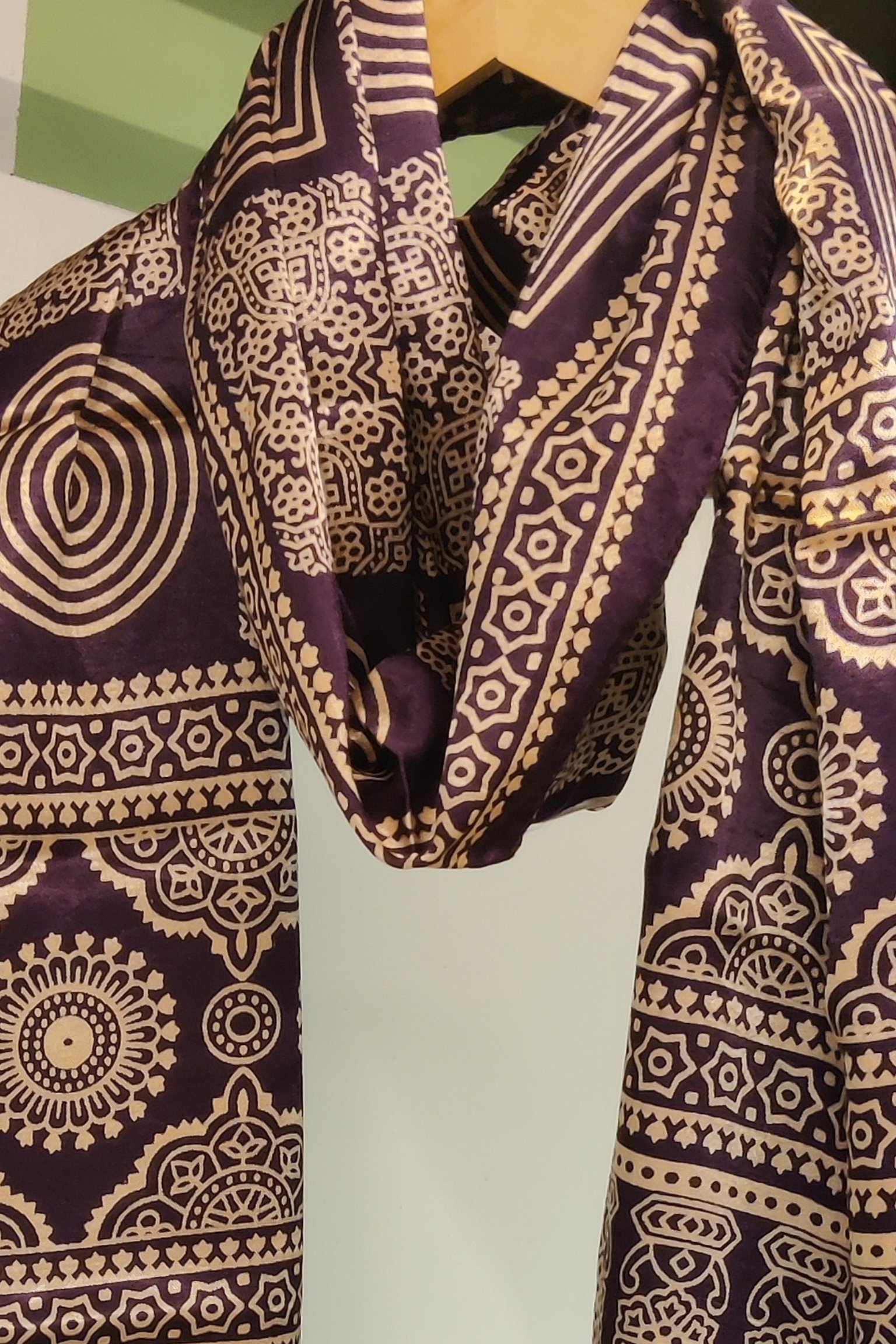 Dreamy Drapes - Dark Purple Modal Silk Geometric Ajrakh Stole with Cream Square Panels - Image 5