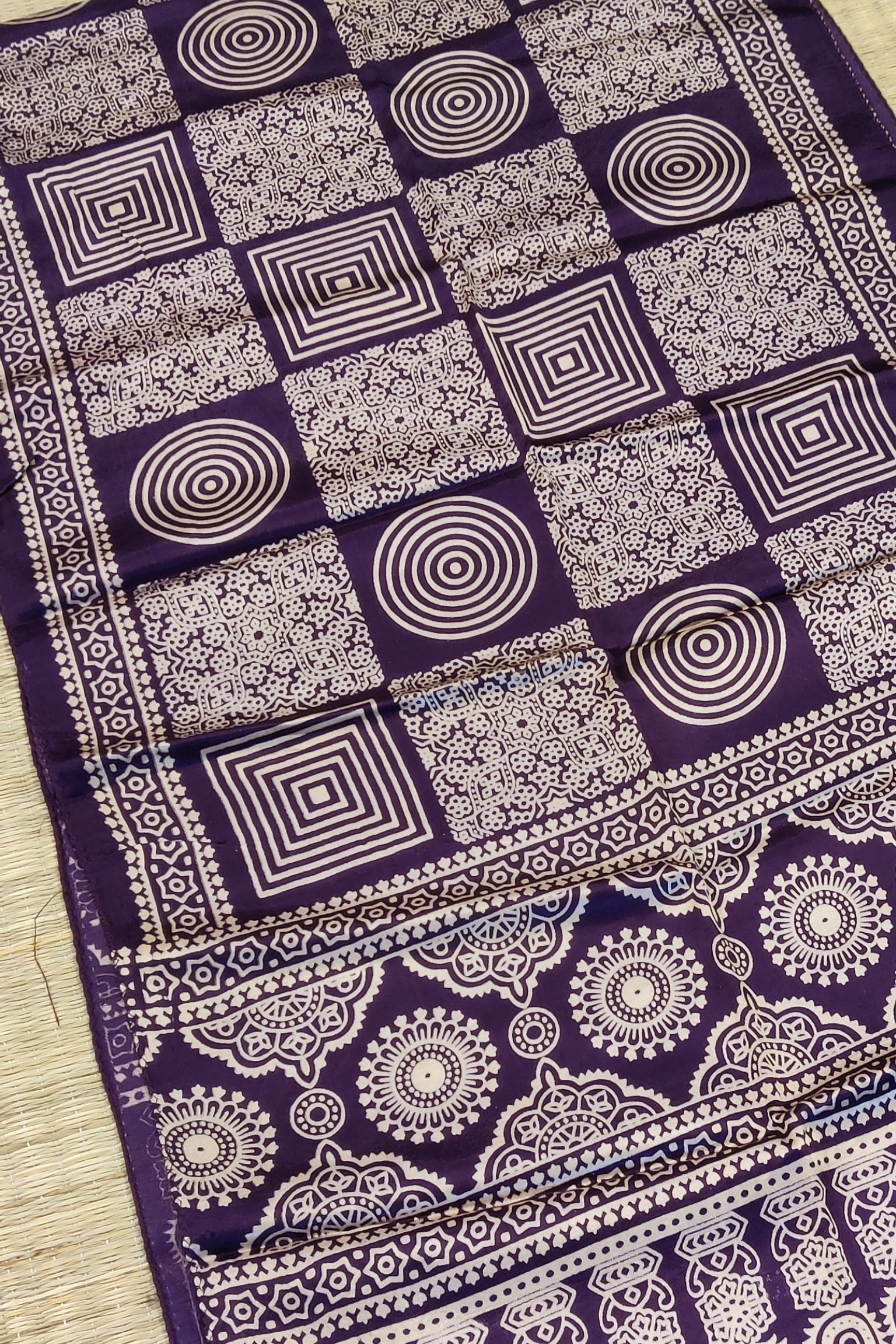 Dreamy Drapes - Dark Purple Modal Silk Geometric Ajrakh Stole with Cream Square Panels - Image 6