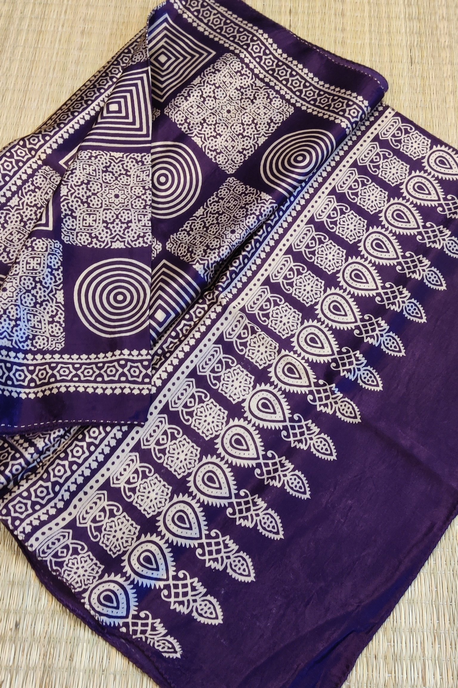 Dreamy Drapes - Dark Purple Modal Silk Geometric Ajrakh Stole with Cream Square Panels - Image 7