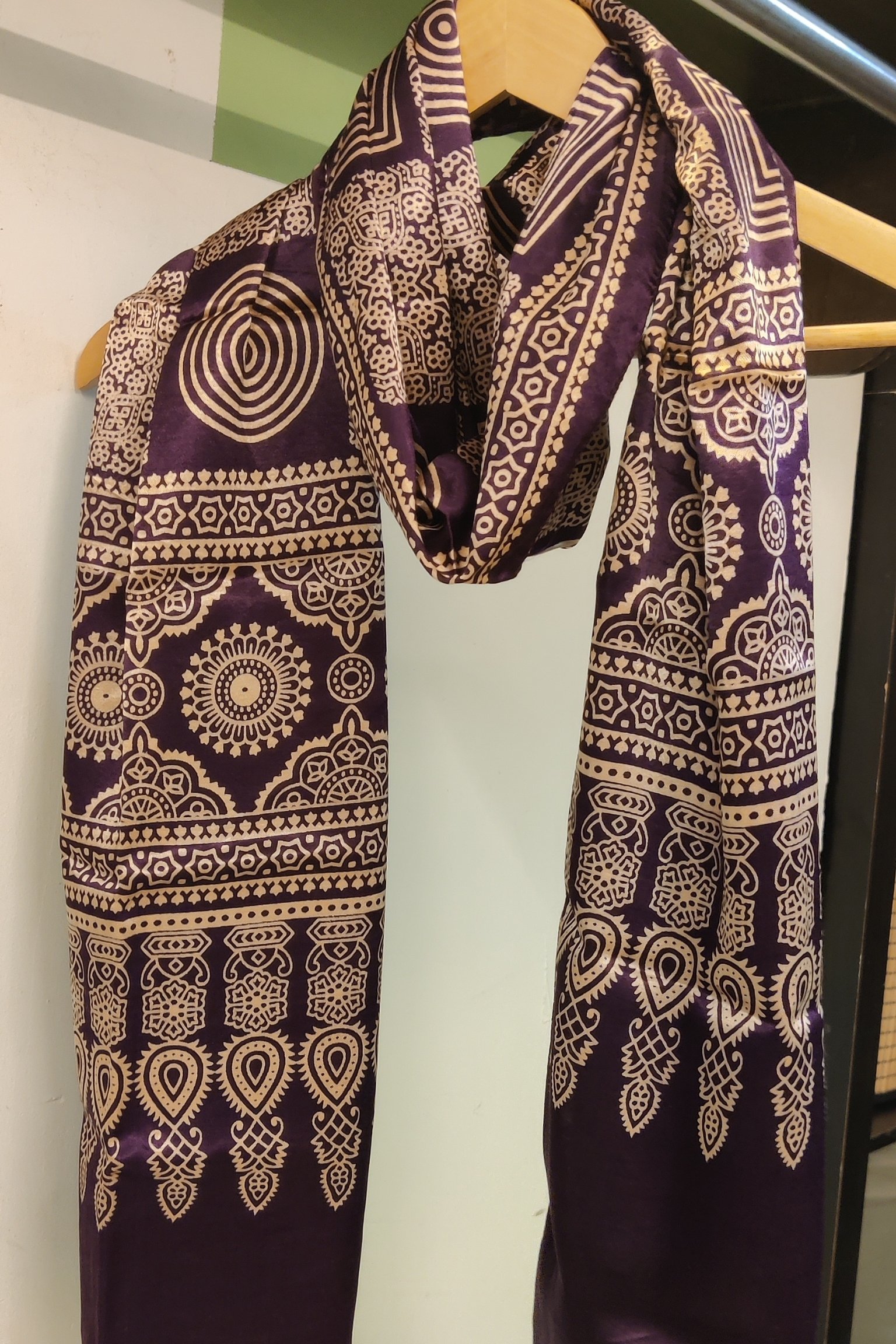 Dreamy Drapes - Dark Purple Modal Silk Geometric Ajrakh Stole with Cream Square Panels