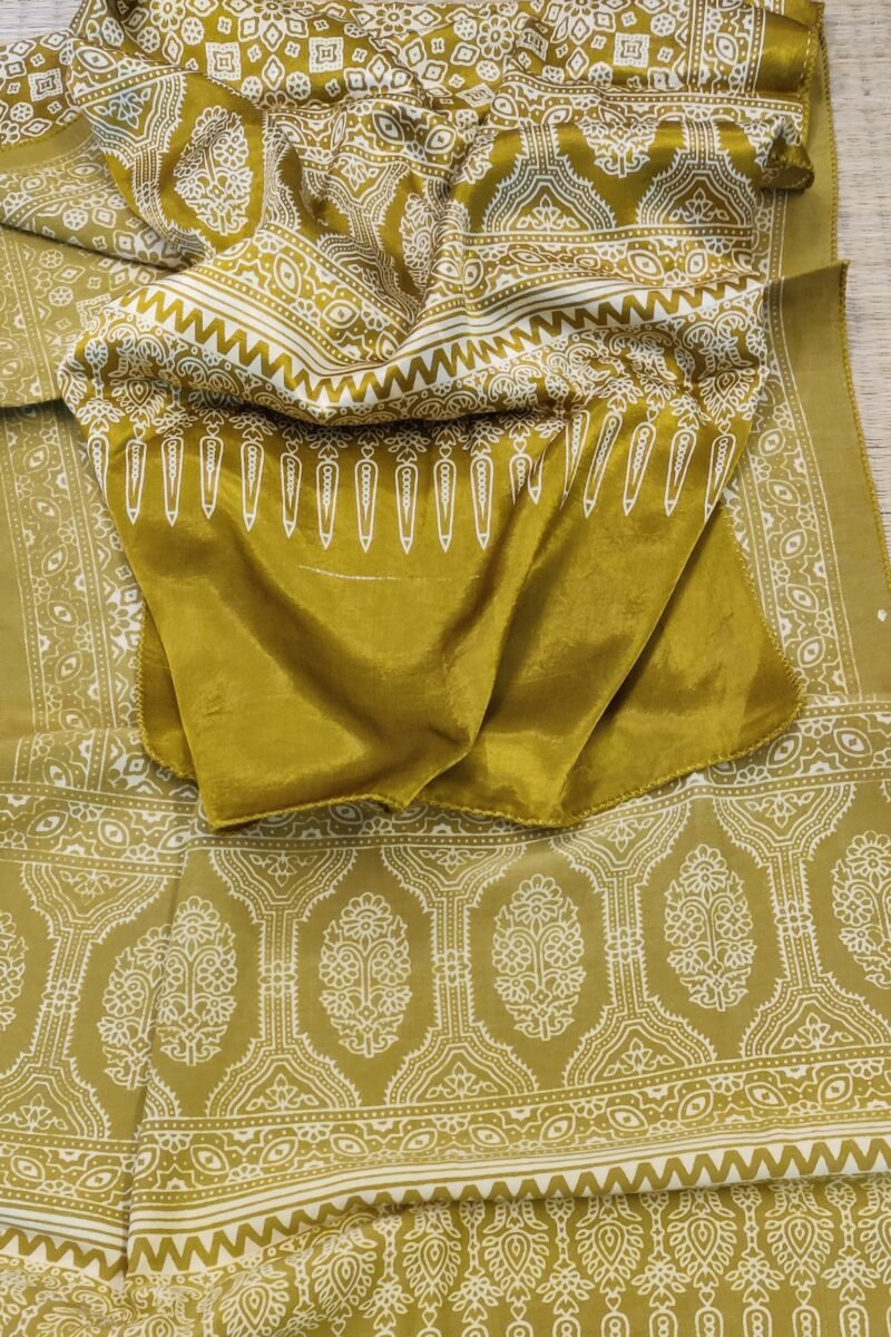 Dreamy Drapes - Mustard Yellow Modal Silk Traditional Ajrakh Stole with Floral Jal Motifs - Image 2