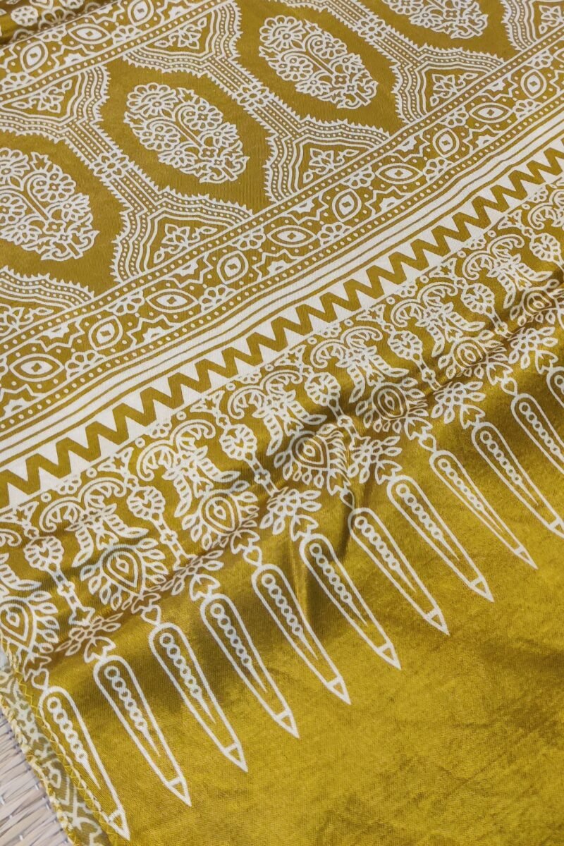 Dreamy Drapes - Mustard Yellow Modal Silk Traditional Ajrakh Stole with Floral Jal Motifs - Image 3
