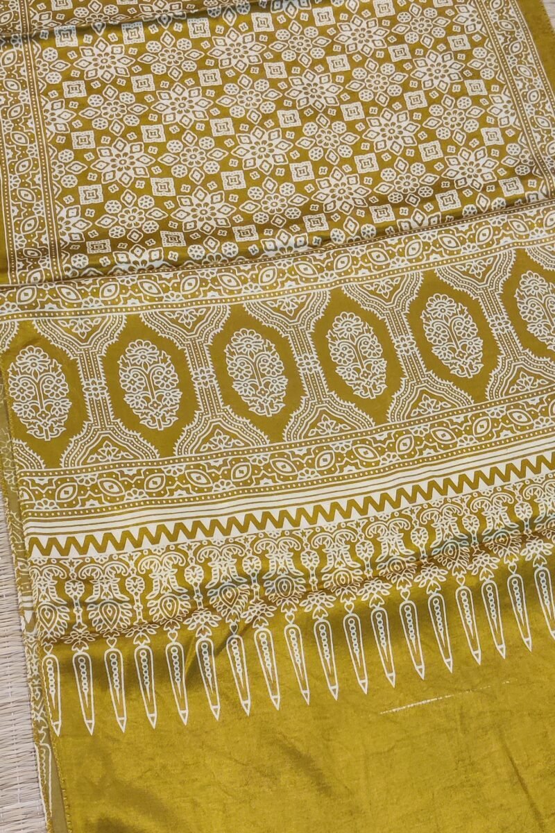 Dreamy Drapes - Mustard Yellow Modal Silk Traditional Ajrakh Stole with Floral Jal Motifs - Image 4