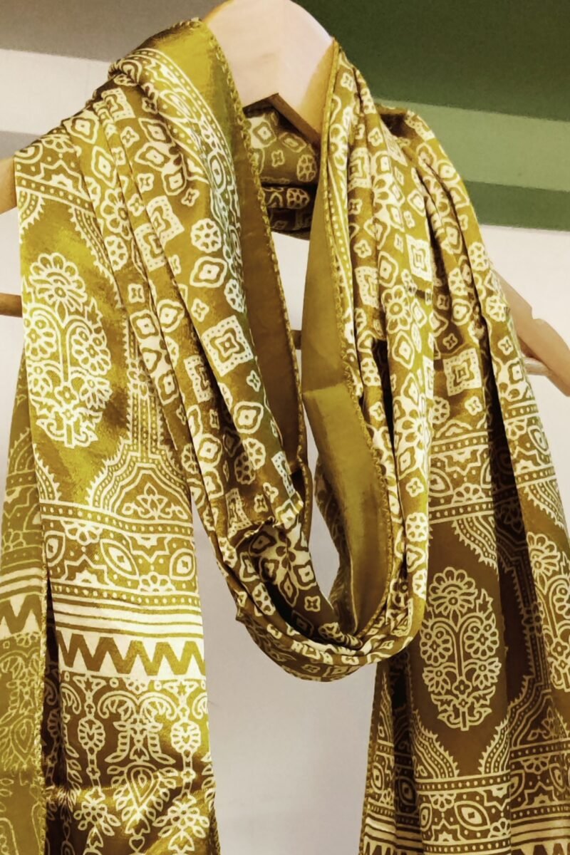 Dreamy Drapes - Mustard Yellow Modal Silk Traditional Ajrakh Stole with Floral Jal Motifs - Image 5