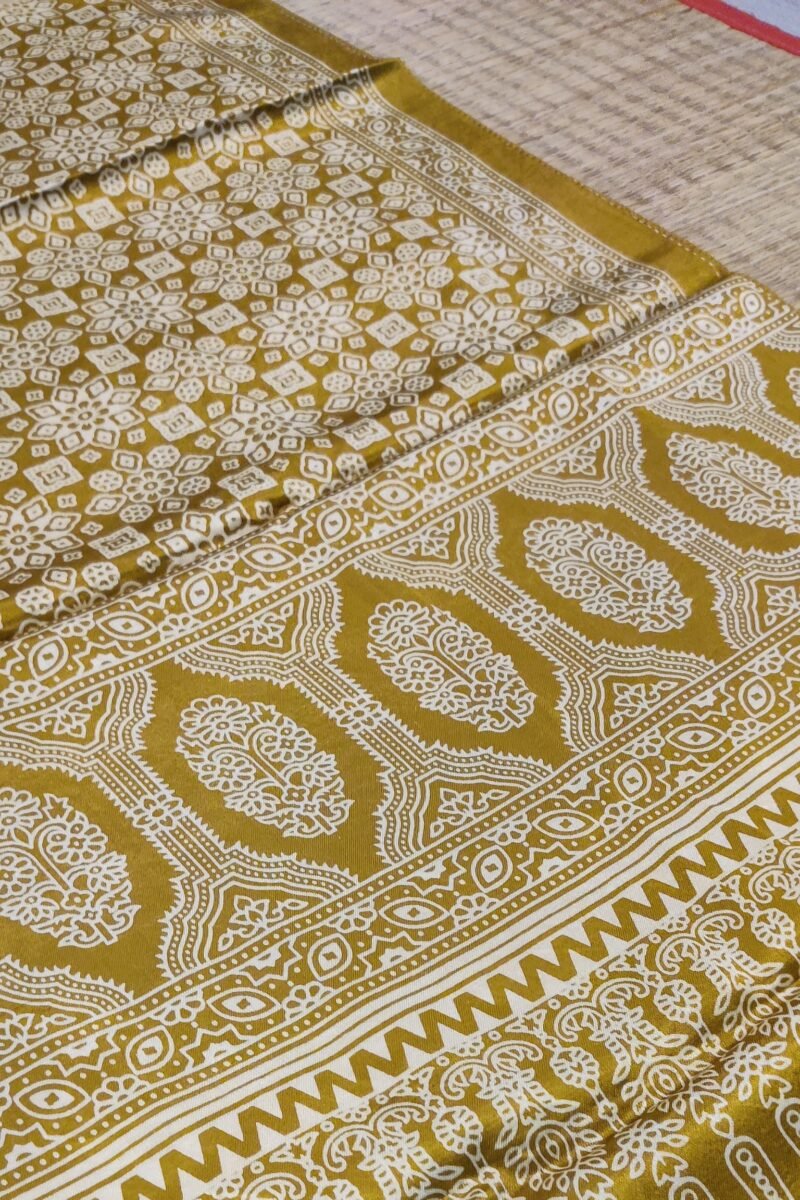 Dreamy Drapes - Mustard Yellow Modal Silk Traditional Ajrakh Stole with Floral Jal Motifs - Image 6