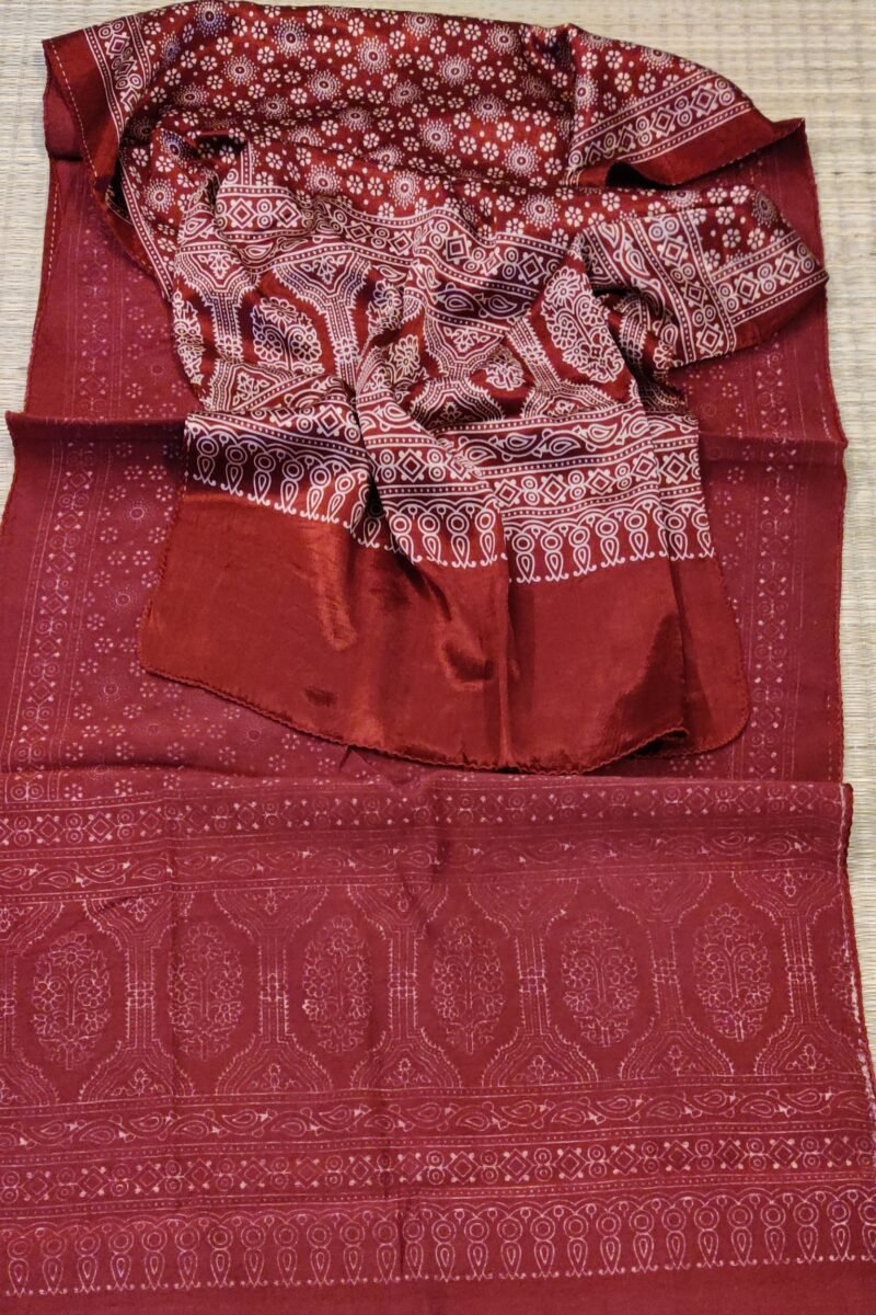 Dreamy Drapes - Maroon Modal Silk Floral Ajrakh Stole with 5-Petal Blooms & Cream Circular Motifs - Image 2